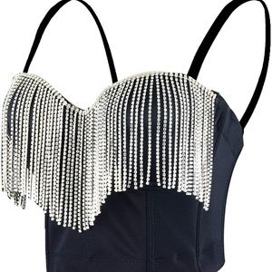 🔥✨ Sexy Women's Tassel Rhinestone Bustier Crop Top Corset Top Bra in Black